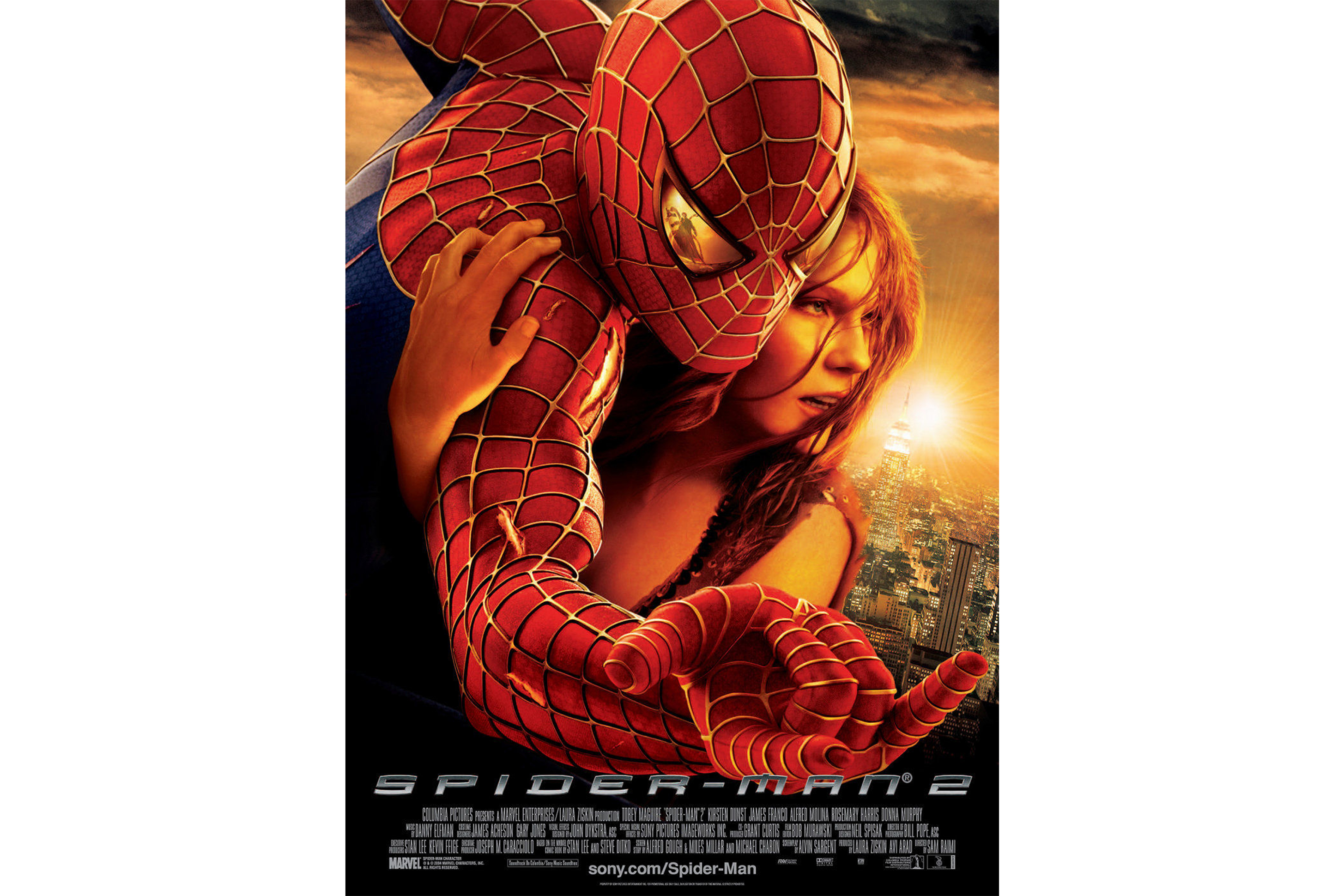 Spider-Man (Tobey Maguire) and Mary Jane Watson (Kirsten Dunst) are pictured together against the backdrop of New York City. (Courtesy of IMDb)