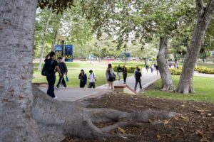Students walk on UCLA’s campus. UCLA’s head of strategic communications asked a court Wednesday to block the UC Board of Regents from releasing a report that her lawyers allege would damage her reputation. (Crystal Tompkins/Daily Bruin senior staff)