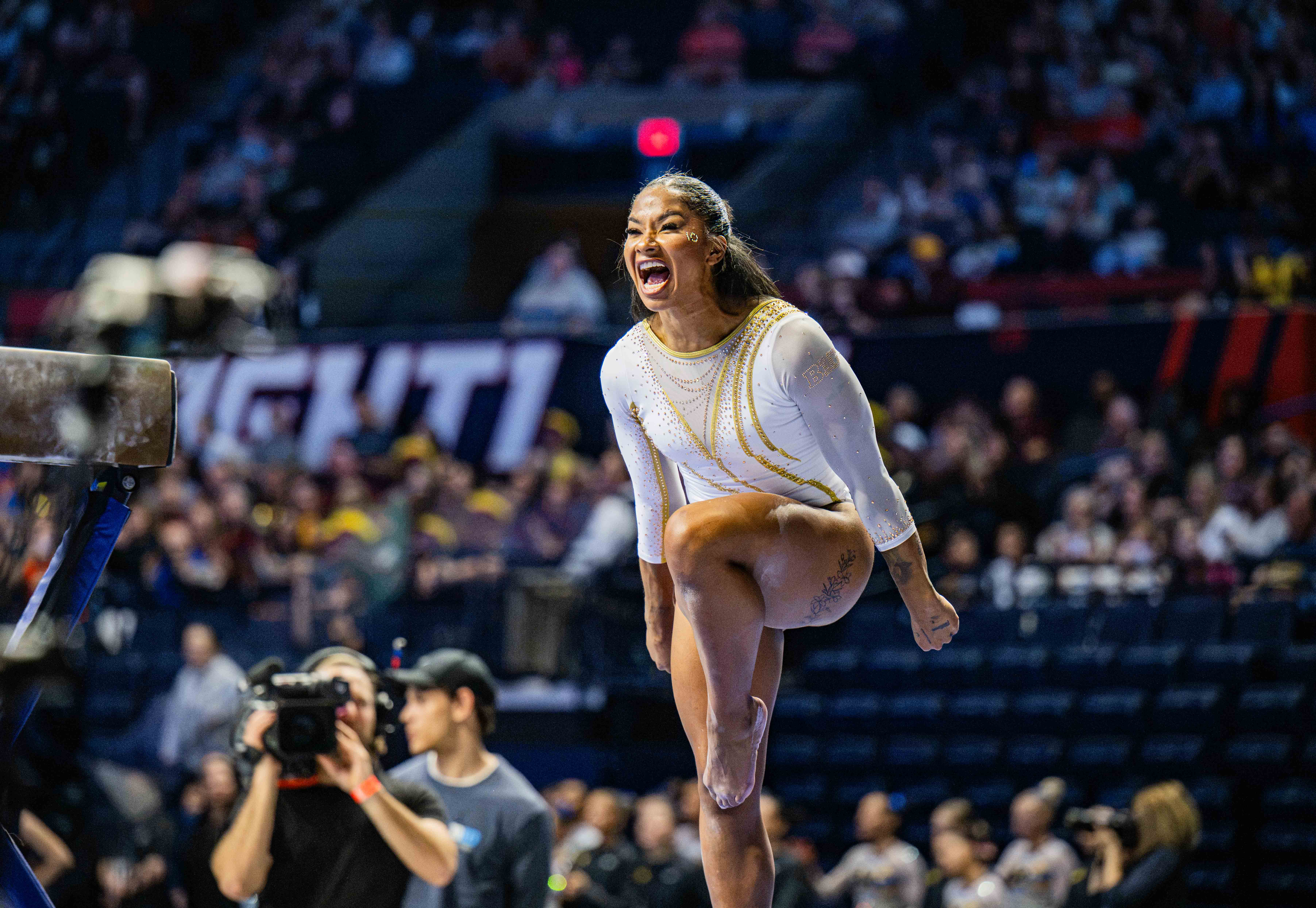 Jordan Chiles celebrates after a routine. The former Bruin scored 19 career perfect 10s, including 12 on floor. (Zimo Li/Daily Bruin senior staff)