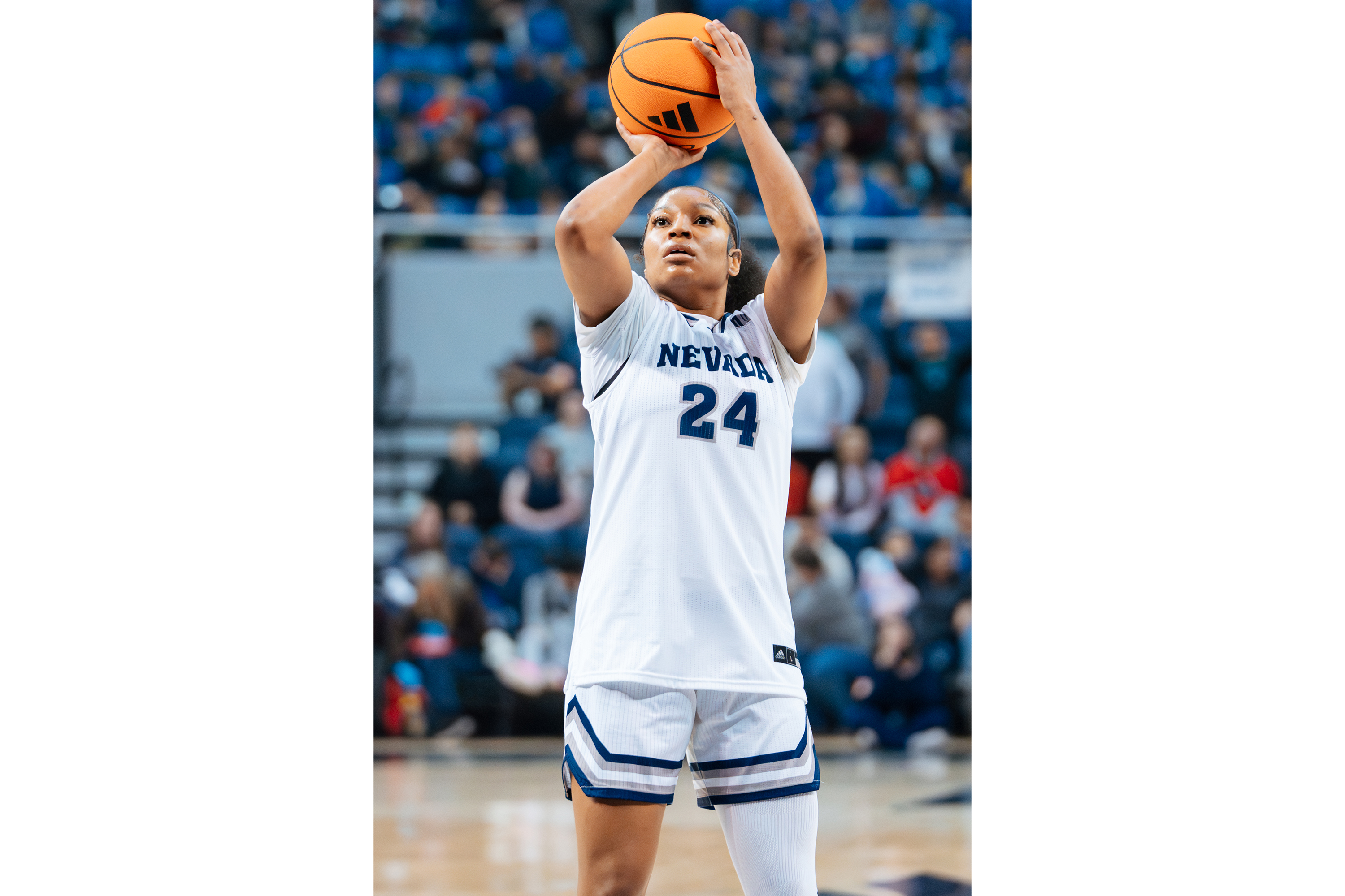 Guard Skylar Durley raises the ball to shoot a free throw. Durley earned Mountain West All-Freshman Team honors in her sole season with the Wolf Pack.
