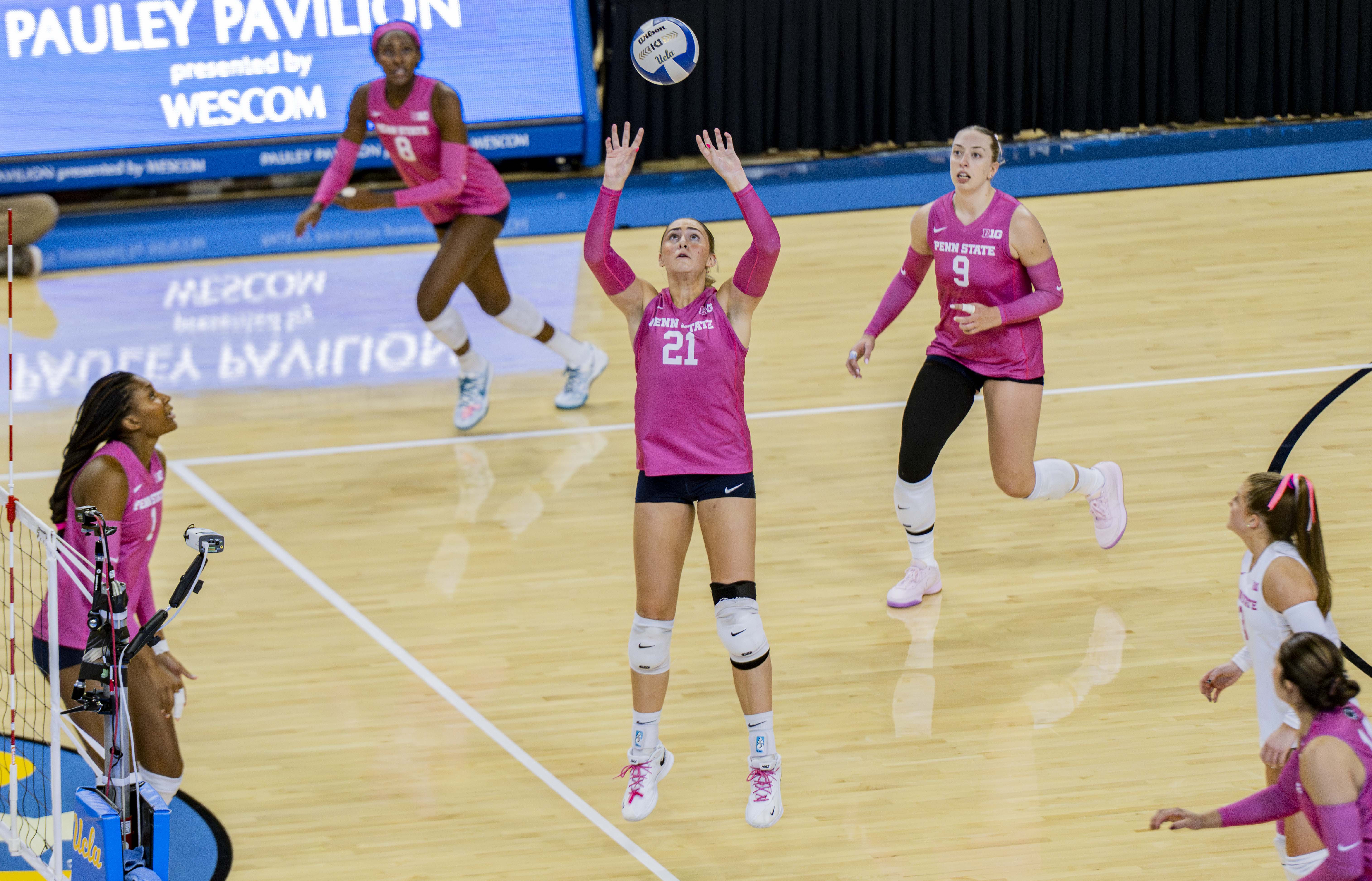 Former Penn State setter Izzy Starck sets a ball during her team's match against UCLA on Oct. 24, 2024, at Pauley Pavilion. (Daily Bruin file photo)