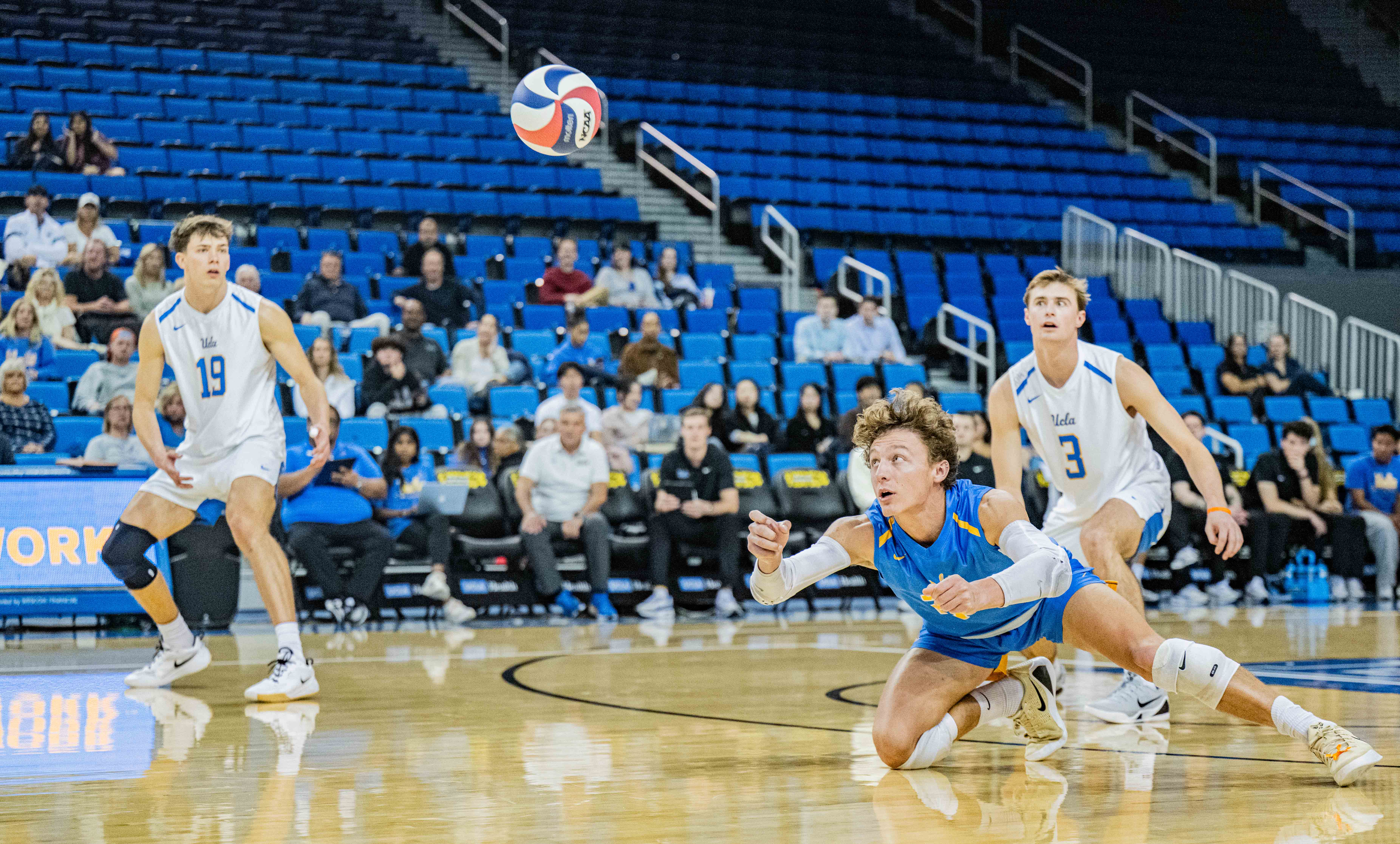 Libero Christopher Connelly dives for the ball. UCLA men's volleyball won the 2026 MPSF title. (Brianna Carlson/Daily Bruin staff)