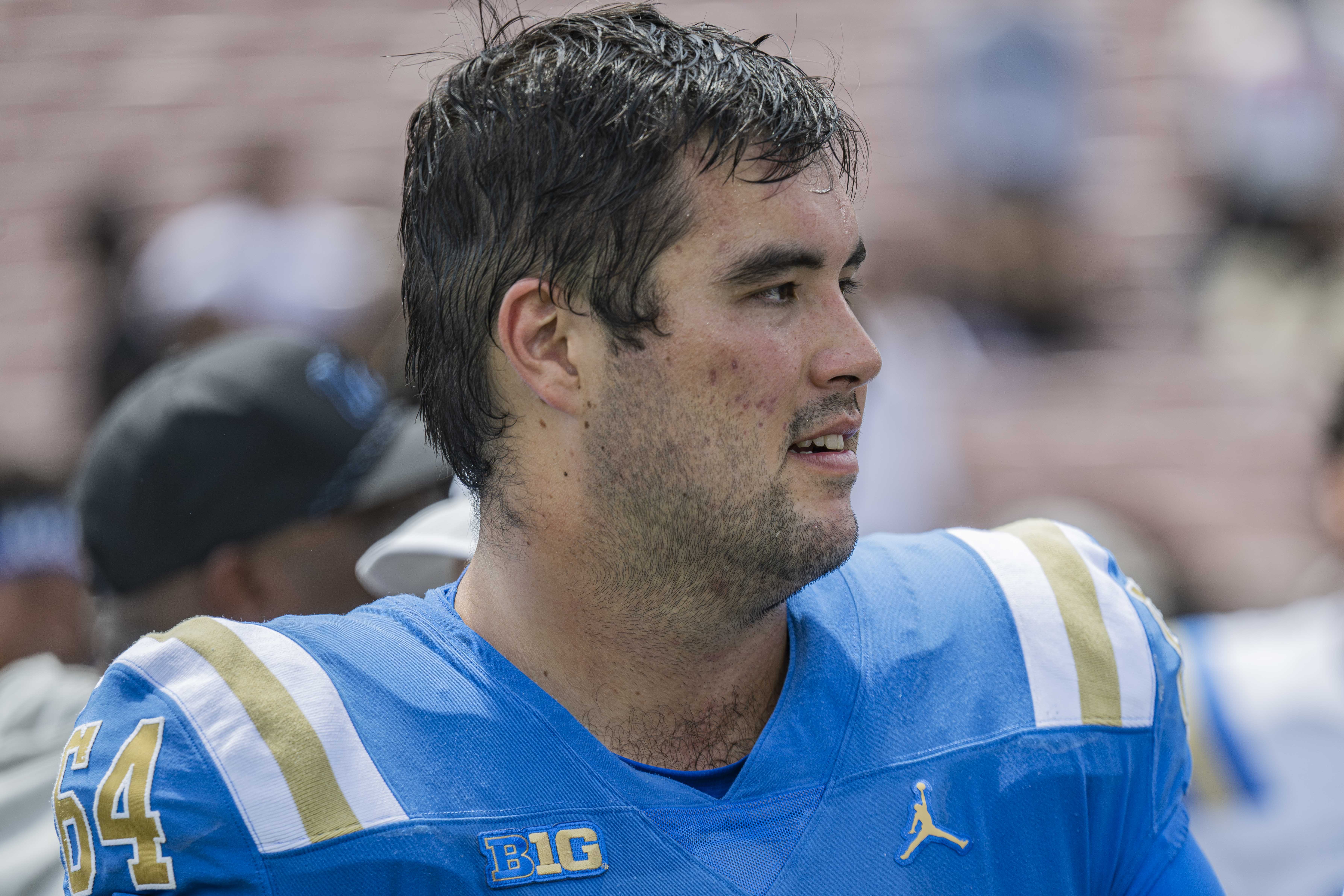 Fifth-year center Sam Yoon greets his teammates following UCLA's spring game at the Rose Bowl on May 2, 2026. (Kai Dizon/Assistant Photo editor)