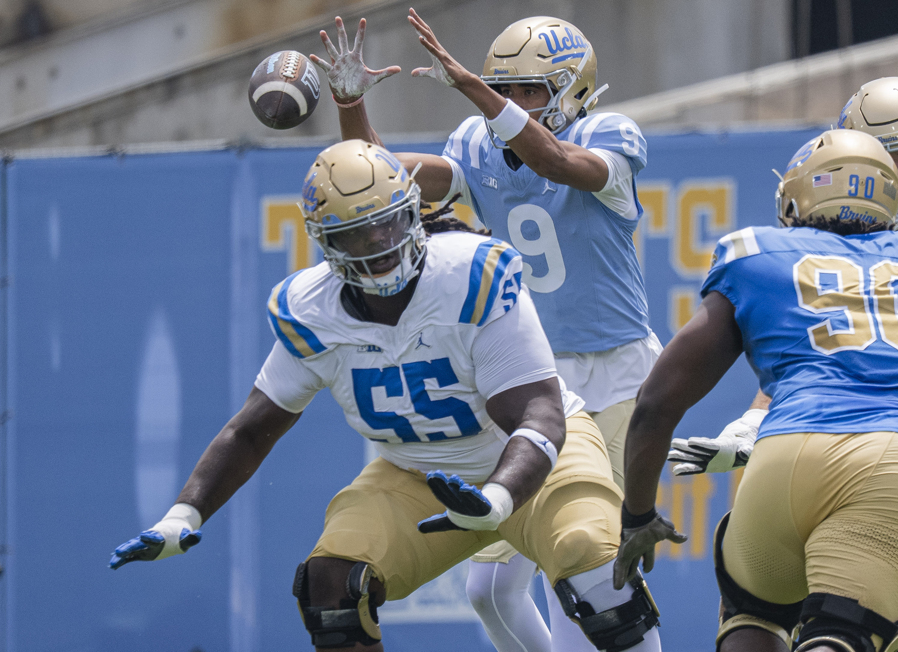 Junior guard Eugene Brooks eyes on oncoming defender during the Bruins' 2026 spring game. (Kai Dizon/Assistant Photo editor)