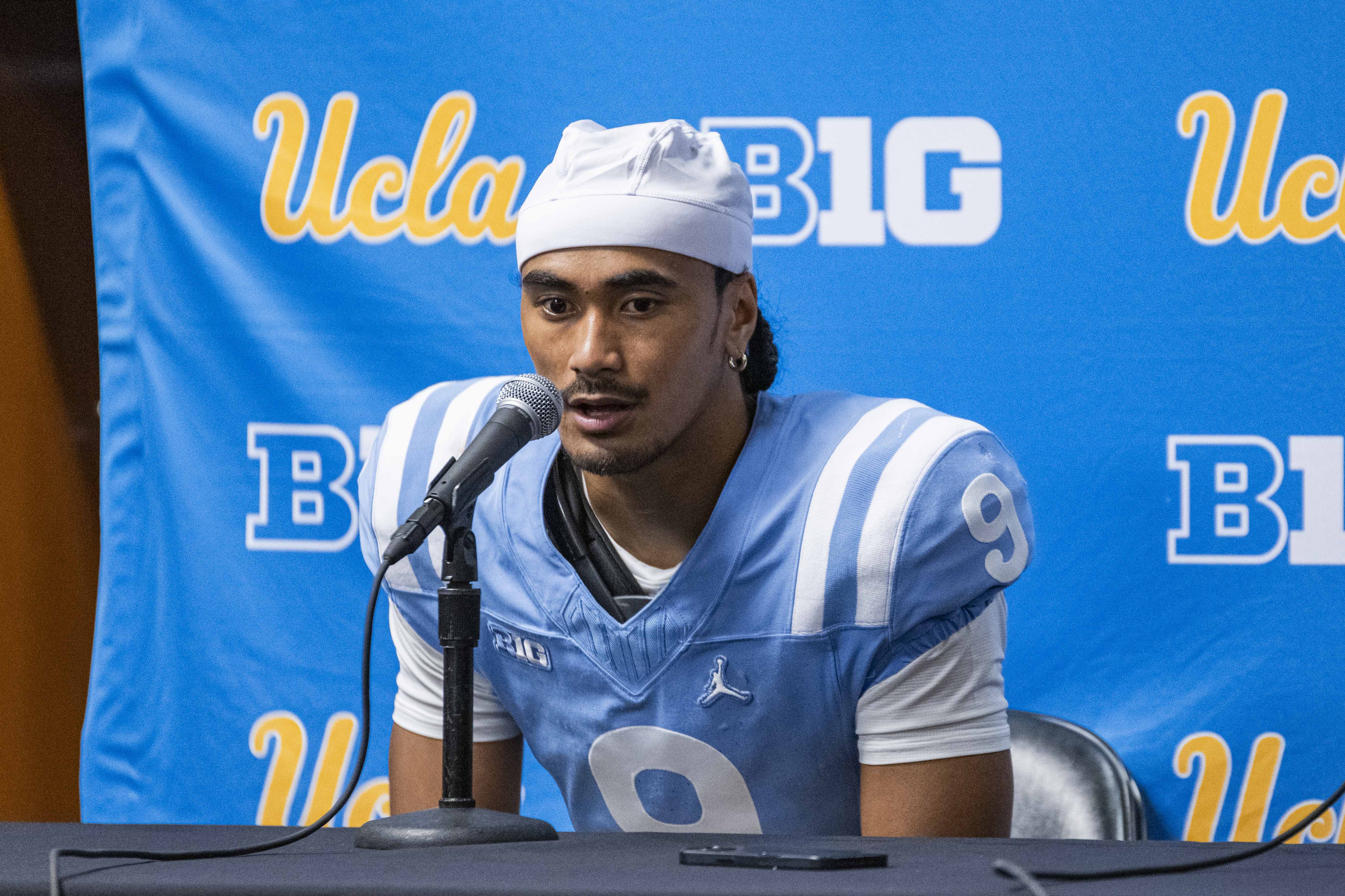 Iamaleava speaks to the media following UCLA’s Spring Game on May 2. Iamaleava threw for 1,928 yards and 13 touchdowns last season. (Kai Dizon/Assistant Photo editor)