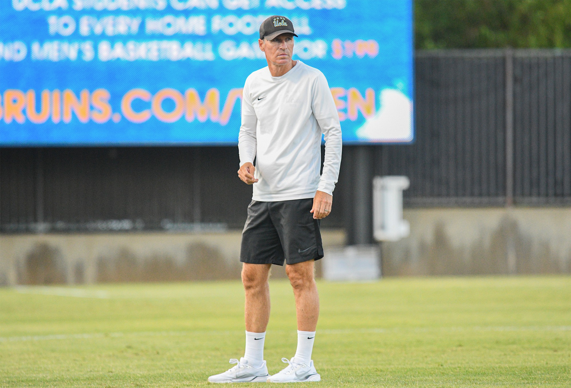 Coach Ryan Jorden stands on the field prior to an exhibition match against UCR on Aug. 7. (Kai Dizon/Assistant Photo editor)