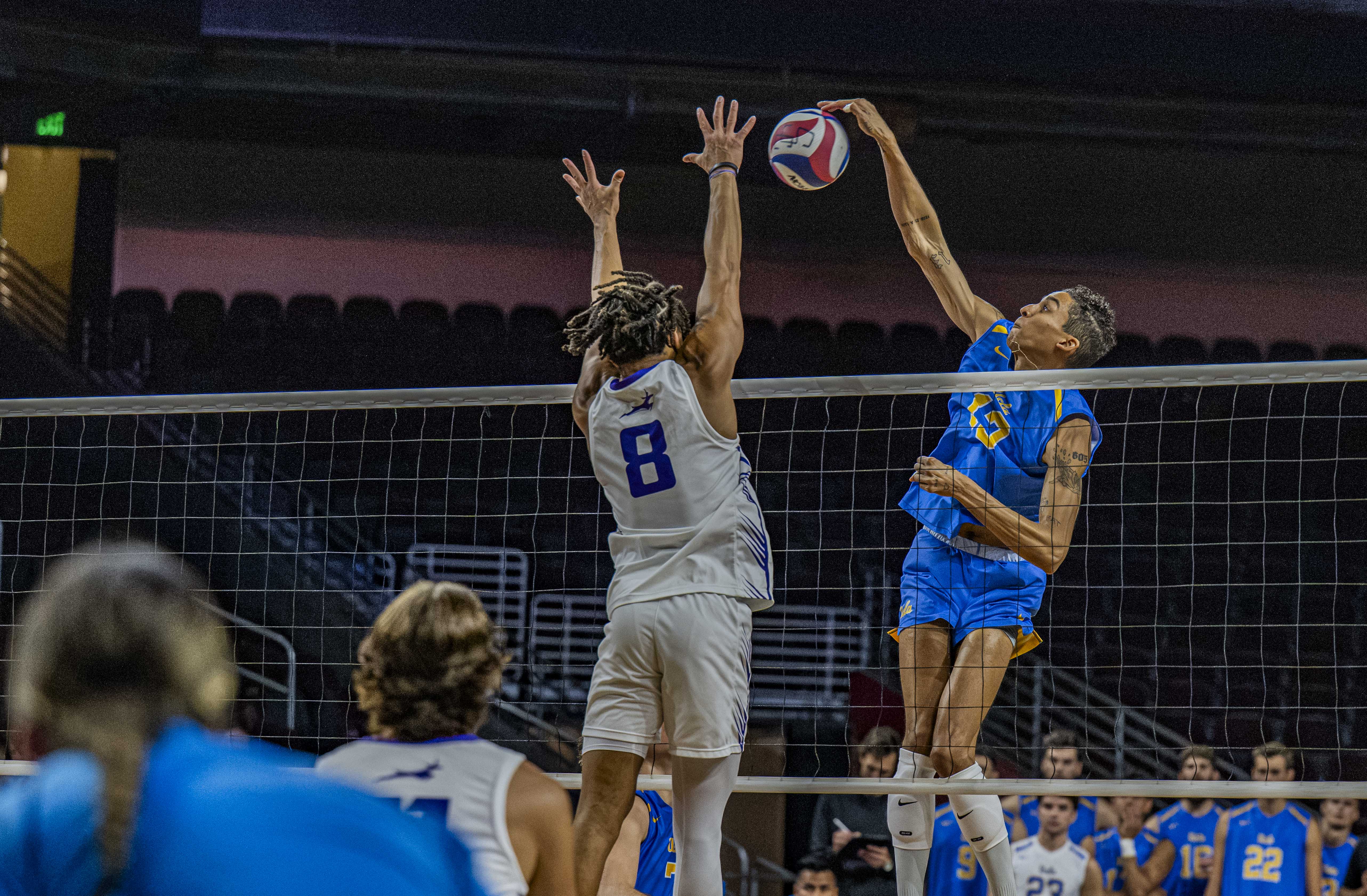 Former Bruin middle blocker Merrick McHenry rises for a kill. McHenry posted double-digit kills twice throughout the 2026 VNL. (Zimo Li/Daily Bruin senior staff)