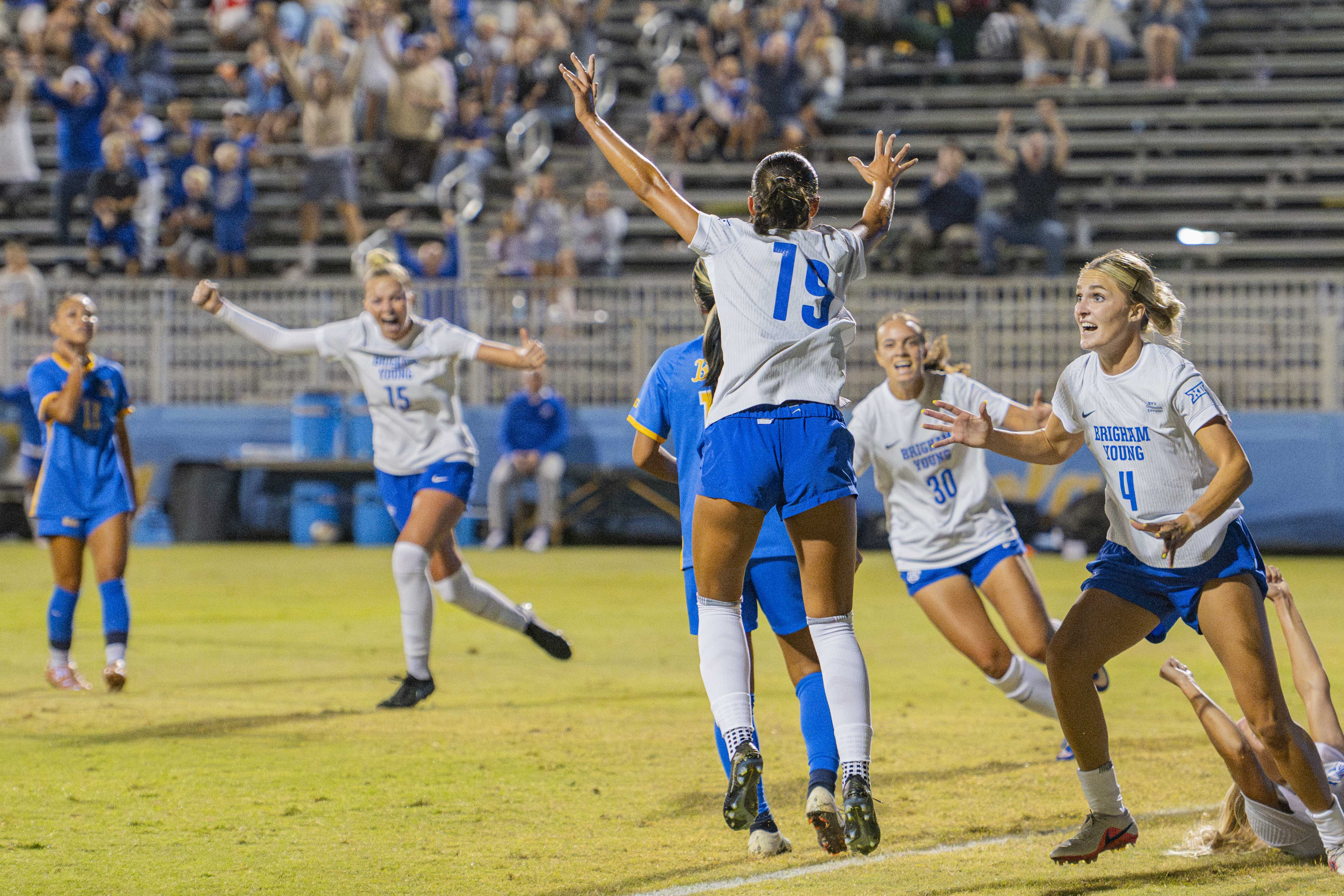 Cougar forward Brynnli Tolbert throws her hands in the air after recording her first goal of the season. (Kai Dizon/Assistant Photo editor)