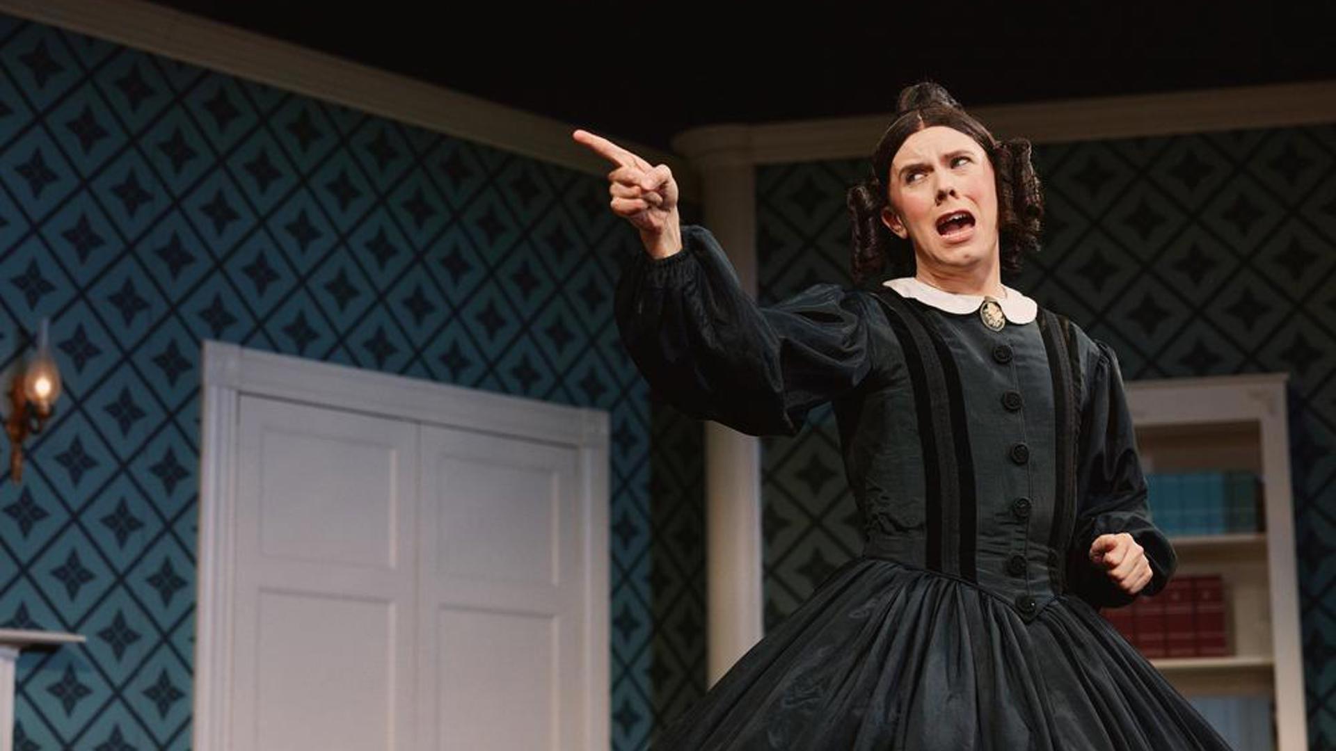 Alaska Thunderf*ck as Mary Todd Lincoln points while wearing a historical gown. From Nov. 10 to Dec. 6, “Oh, Mary!” – an 80-minute dark comedy which rewrites Abraham Lincoln’s assassination through the eyes of his wife will show at the Ahmanson Theatre. (Courtesy of Center Theatre Group)
