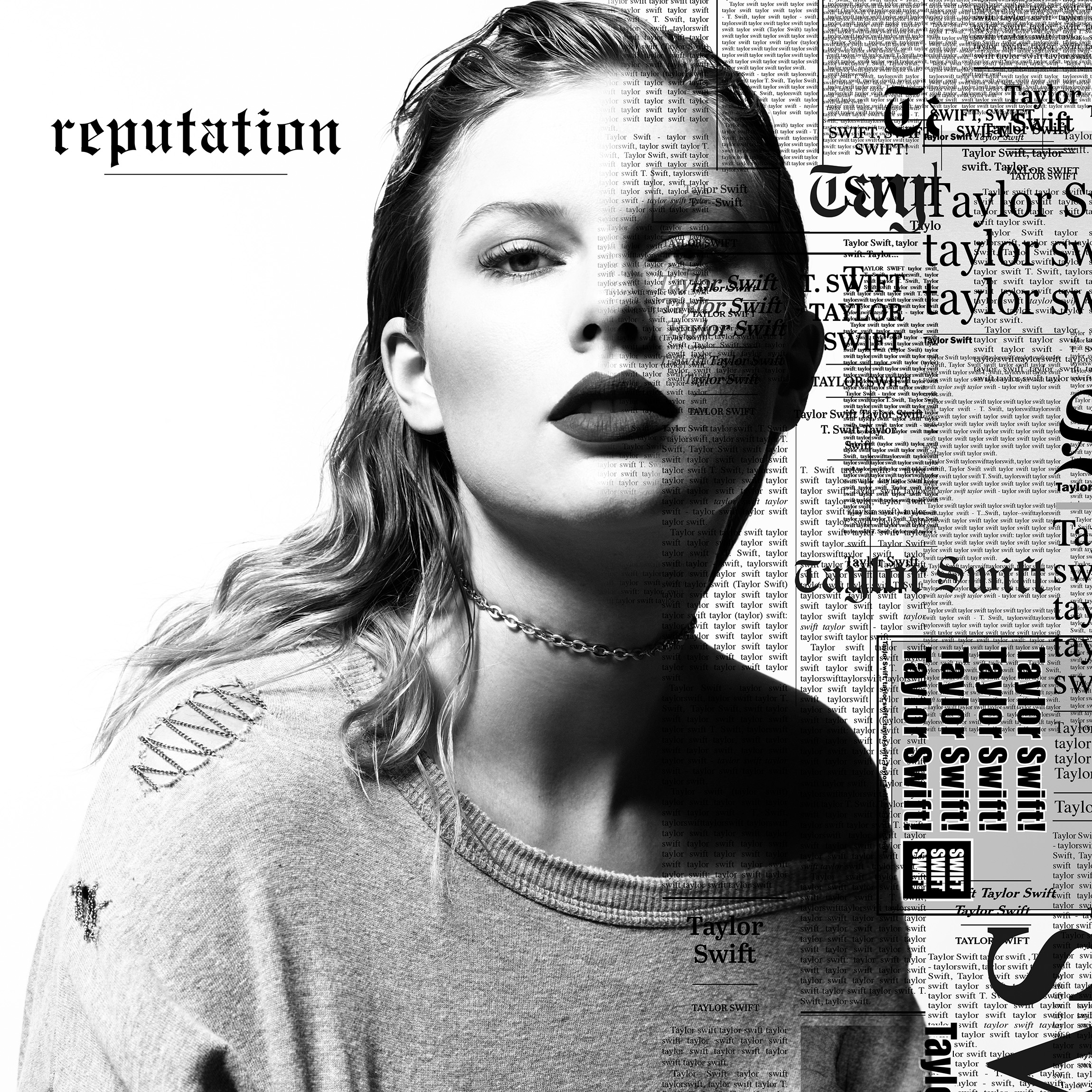 Swift looks forward with half her face covered by magazine-style headlines of her name on the cover of her sixth album, “reputation.”(Courtesy of 2017 Taylor Swift)