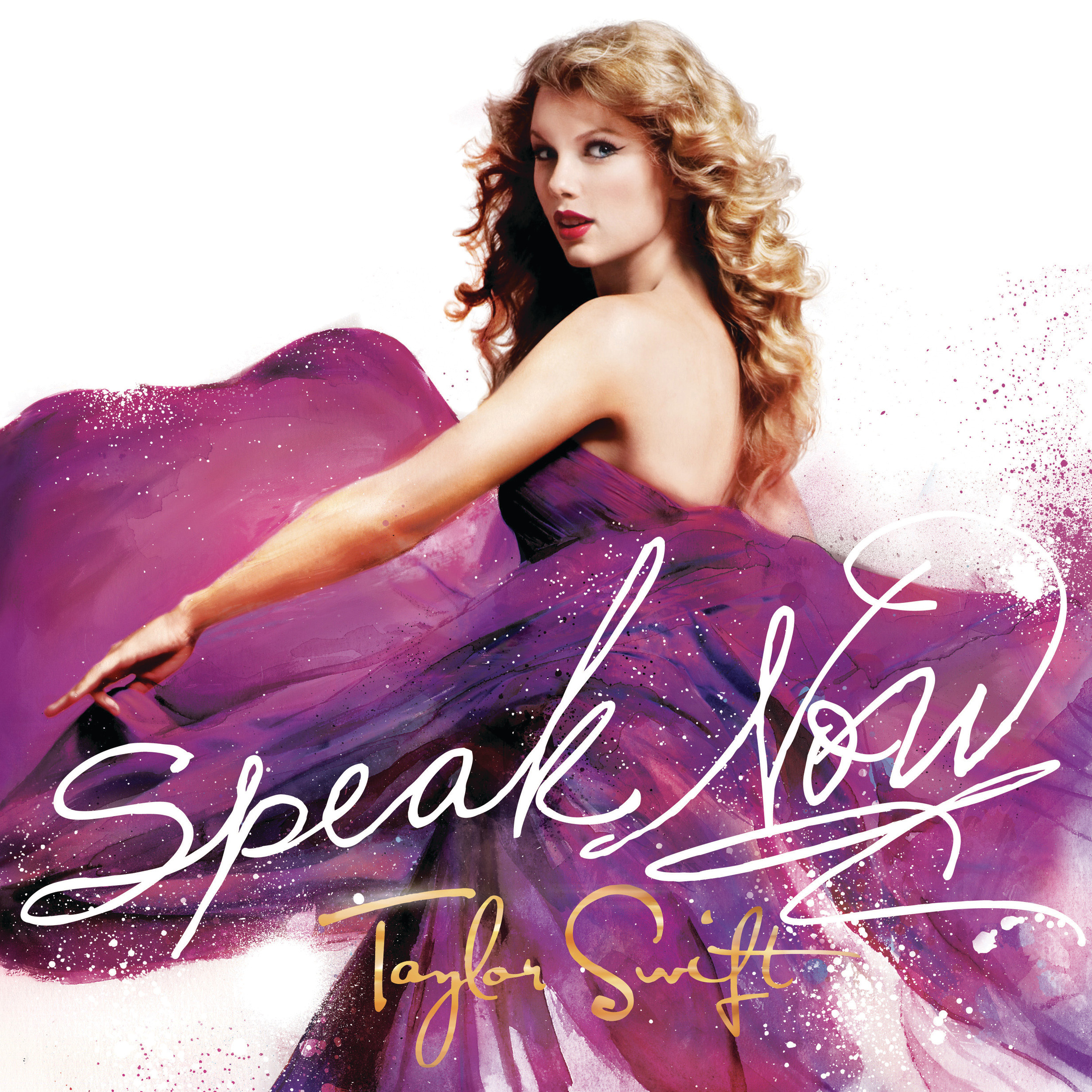 Swift wears a sparkle-filled, purple and pink flowing dress on the cover of her third studio album, “Speak Now.” (Courtesy of 2010 Taylor Swift)