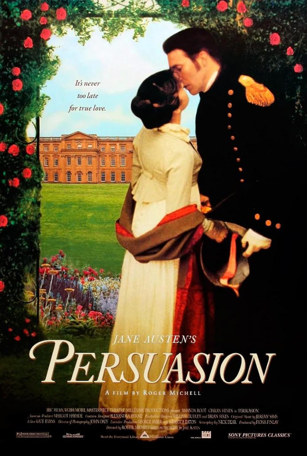 Amanda Root (Anne Elliot) (left) and Ciarán Hinds (Captain Wentworth) (right) stand together against the backdrop of a manor. “Persuasion,” the 1995 adaptation of Jane Austen's last complete novel, stuns with its combination of plot and presentation. (Courtesy of IMDb)