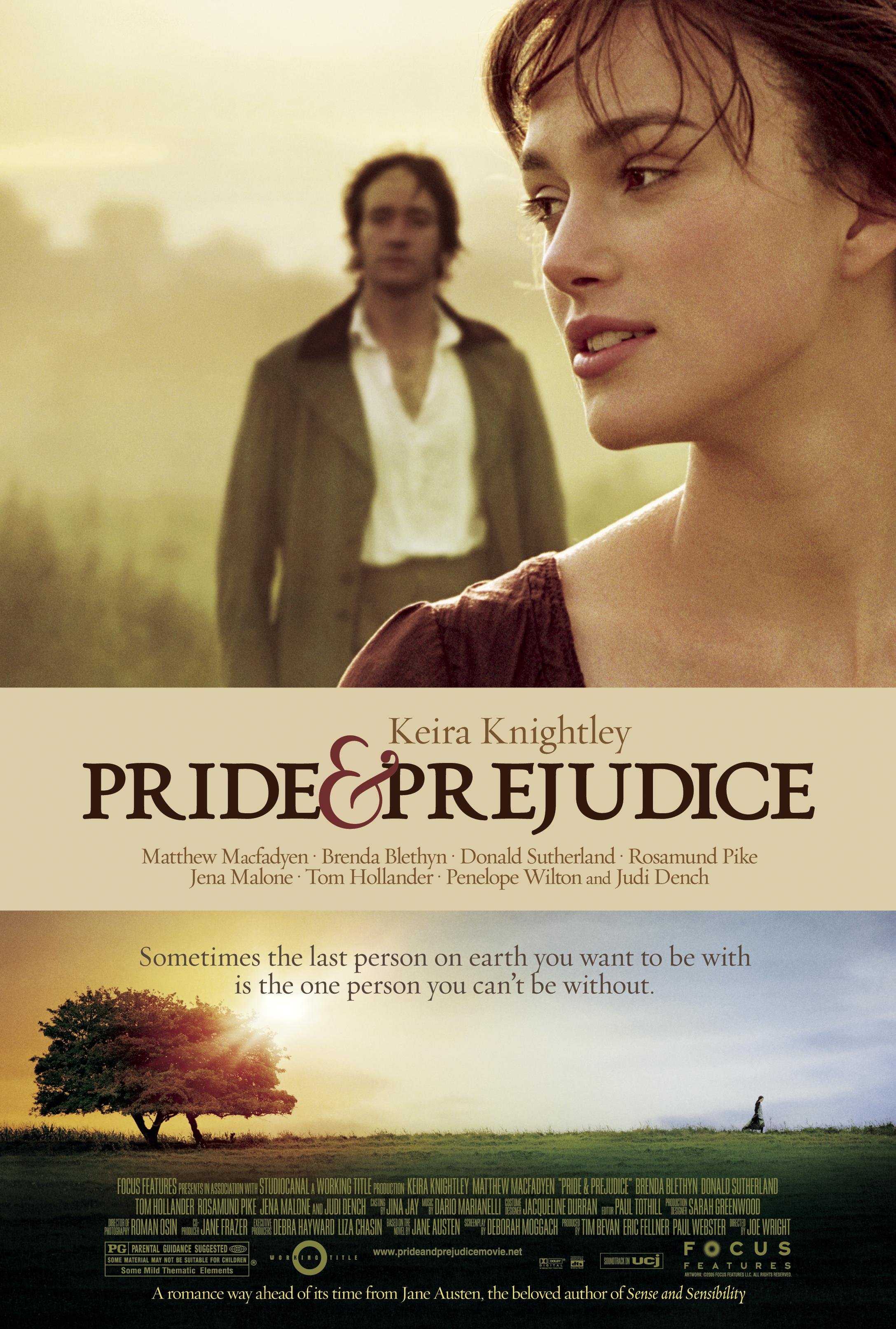 Matthew Macfadyen (Mr. Darcy) (left) and Keira Knightley (Elizabeth Bennet) (right) are positioned together against the backdrop of a field. The 2005 "Pride & Prejudice" remains the most popular adaptation of the novel and a staple romance films. (Courtesy of IMDb)