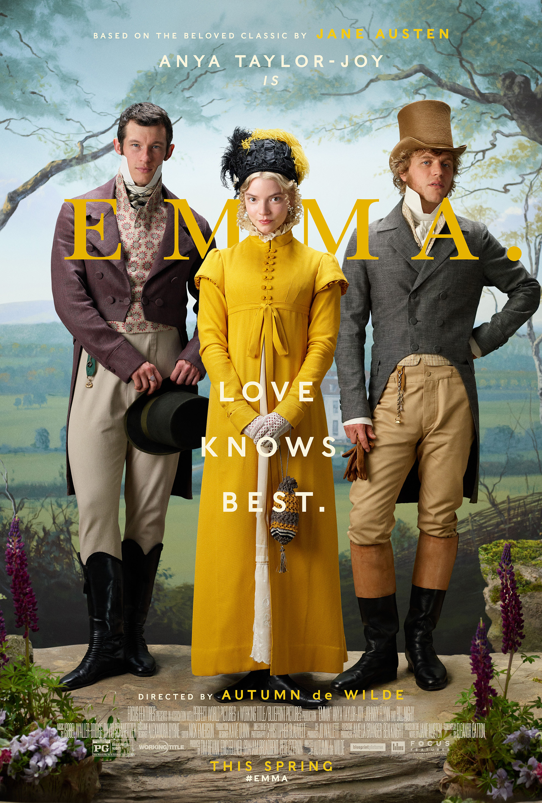 Callum Turner (Frank Churchill) (left), Anya Taylor-Joy (Emma Woodhouse) (middle) and Johnny Flynn (George Knightley) stand against trees. “Emma” (2020) transports the viewer to Regency-era England through exquisitely tailored pastel costumes, vibrant colors and picturesque English landscapes. (Courtesy of IMDb)