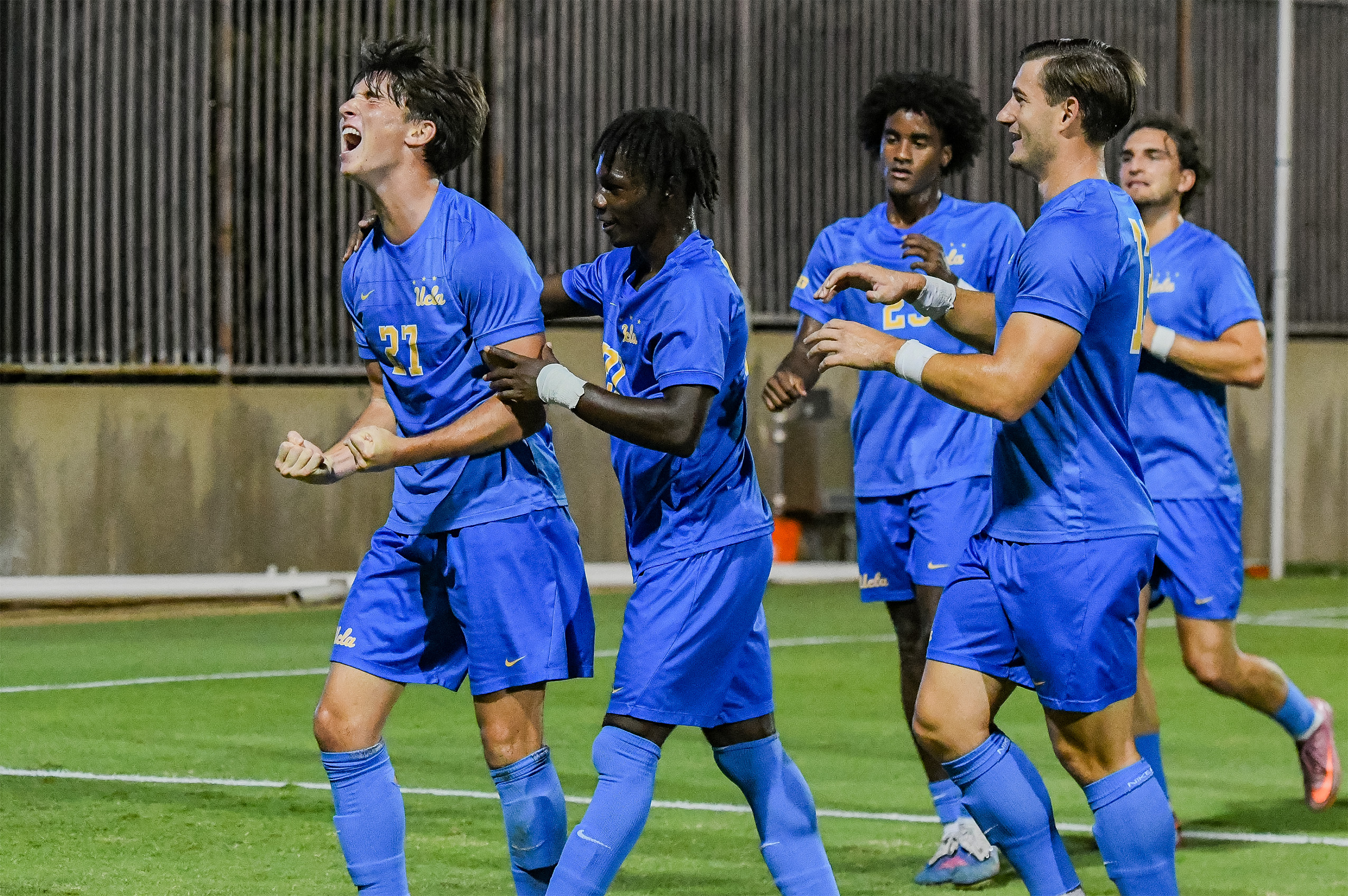 Freshman forward James Lane celebrates his first goal in a UCLA jersey. Lane recorded 66 minutes in the 5-1 victory over Westmont after appearing in just two games the rest of the season. (Roger Ayad/Daily Bruin)