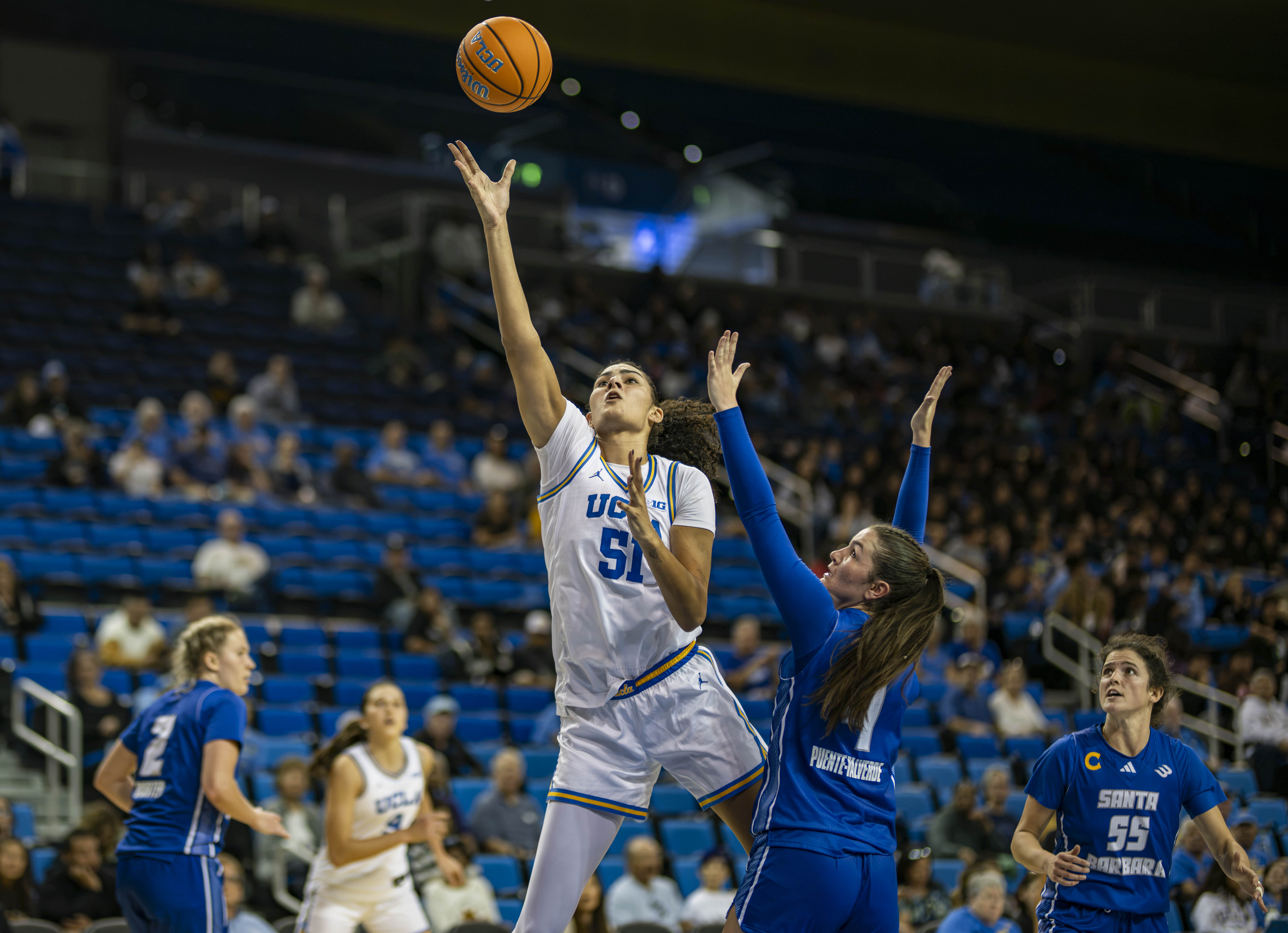 Former Bruin center Lauren Betts goes in for a lay-up. Betts was the Bruins' leading scorer and rebounder for all three seasons she played in Westwood. She was selected fourth overall in the 2026 WNBA Draft. (Daily Bruin file photo)