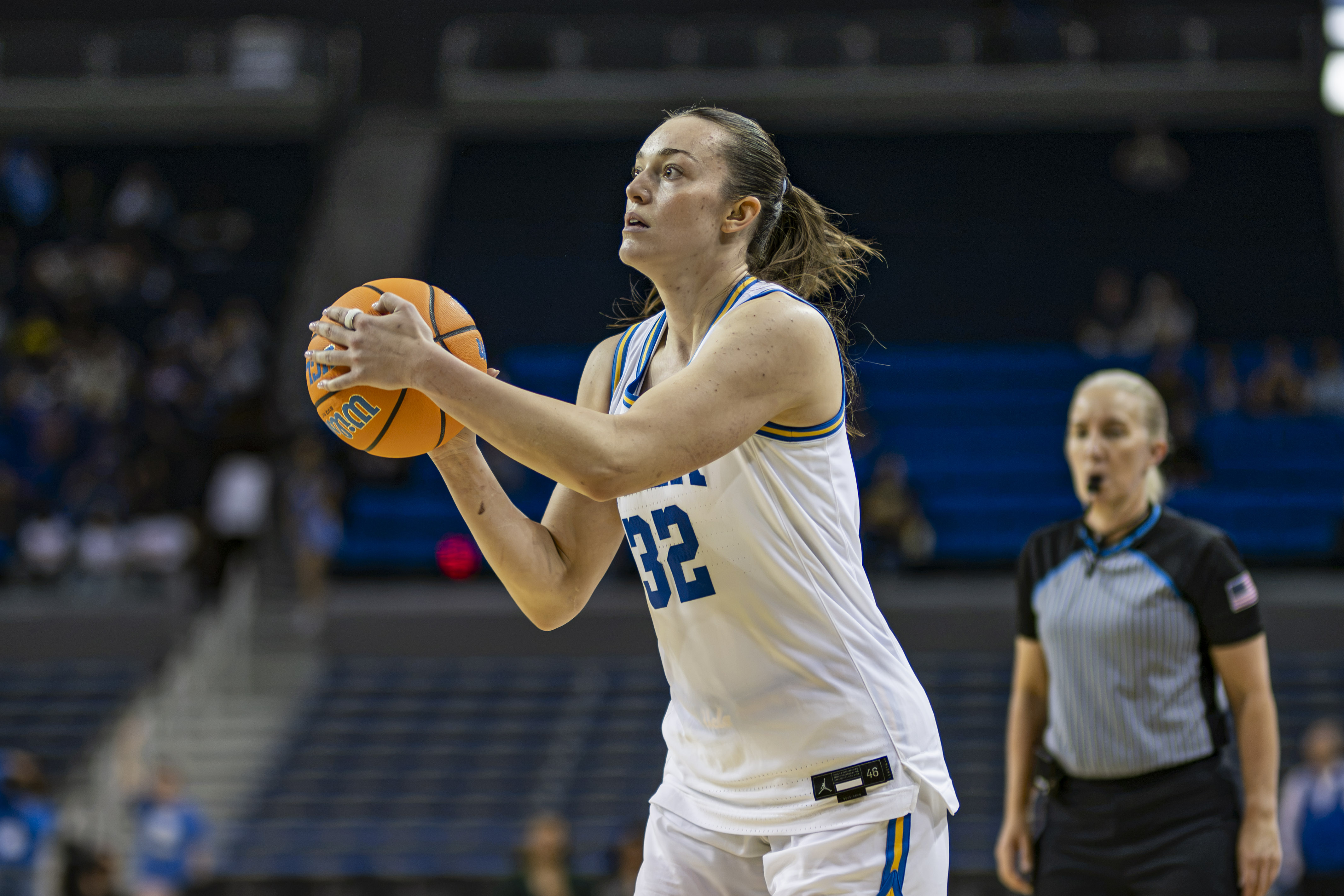 Former Bruin forward Angela Dugalić gets ready to shoot the ball. Dugalić was named 2026 Big Ten Sixth Player of the Year and was selected in the first round of the 2026 WNBA Draft by the Washington Mystics. (Daily Bruin file photo)