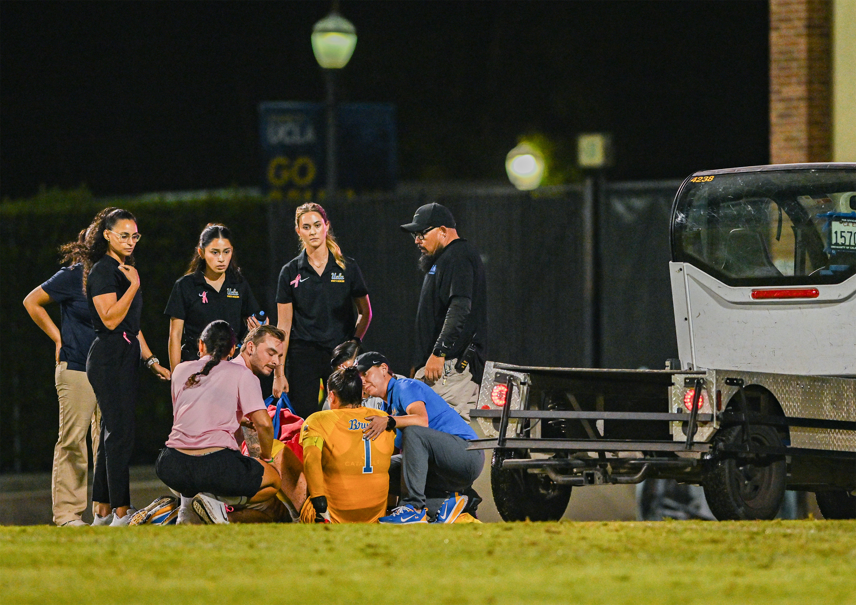 Sophomore goalkeeper Daphne Nakfoor is carted off the field in the second half after suffering a knee injury. Nakfoor entered the game as the reigning Big Ten Goalkeeper of the Week. (Ruby Galbraith/Daily Bruin staff)
