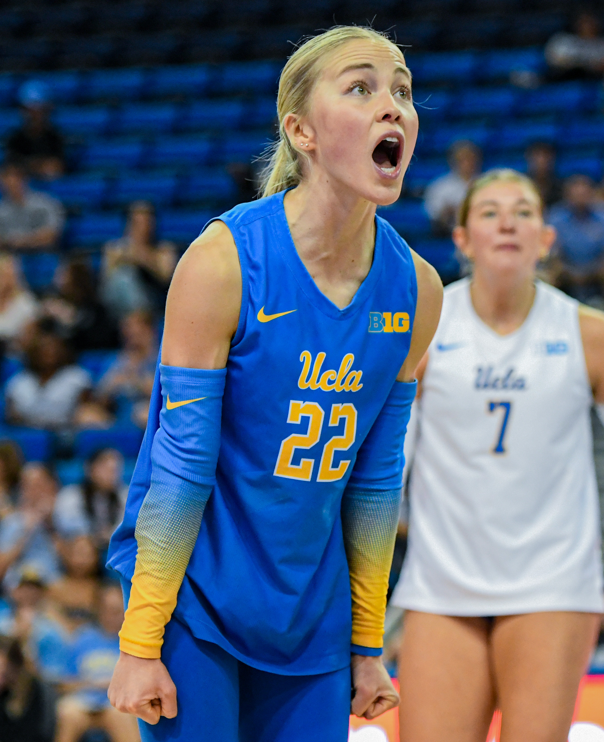 Lutz yells in celebration against Penn State at Pauley Pavilion on Friday. (Miles Turner/Daily Bruin)