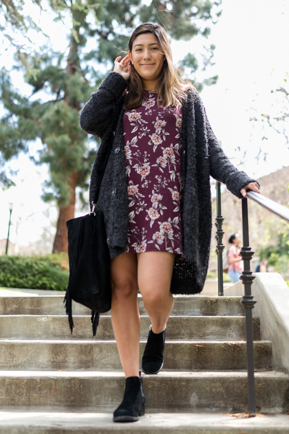 Black Floral Dress Black Cardigan Tights and Booties Outfit